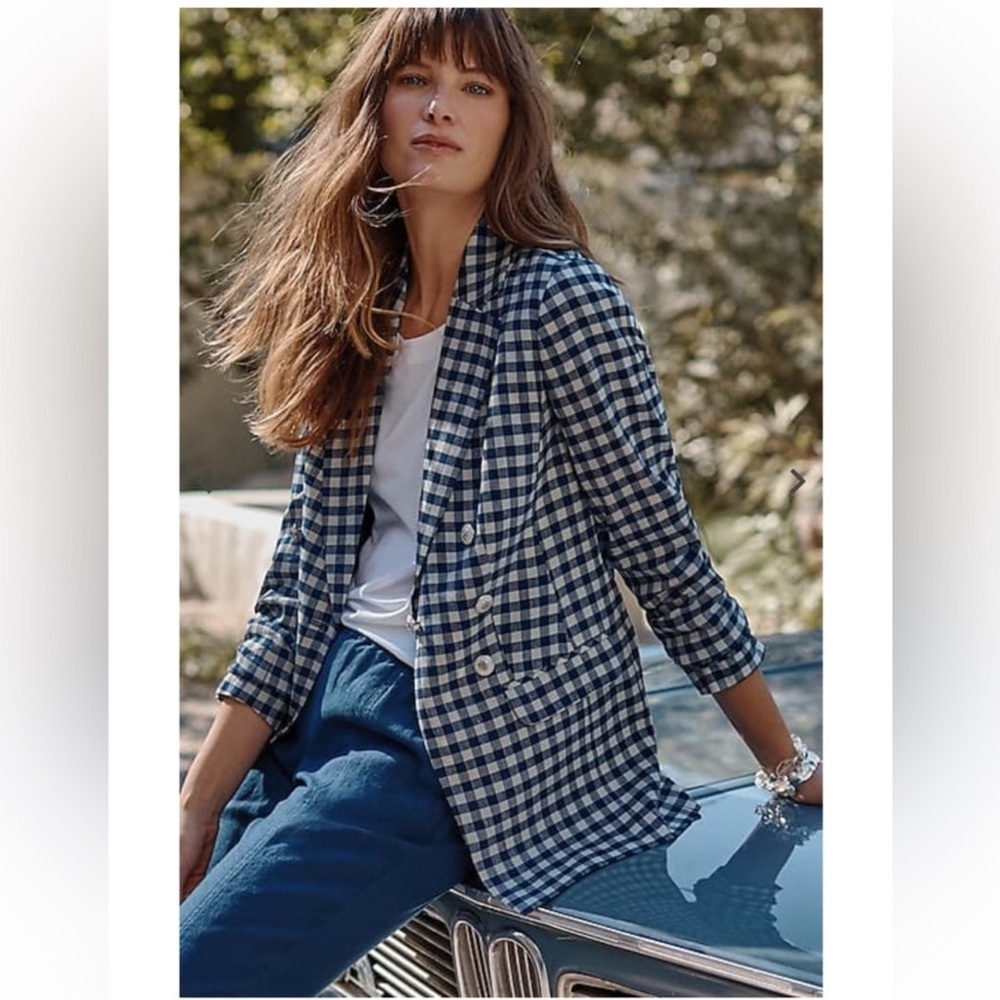 NEW J. Crew Blue Gingham Linen Blend Holland Blazer Preppy Check Coastal Size 10